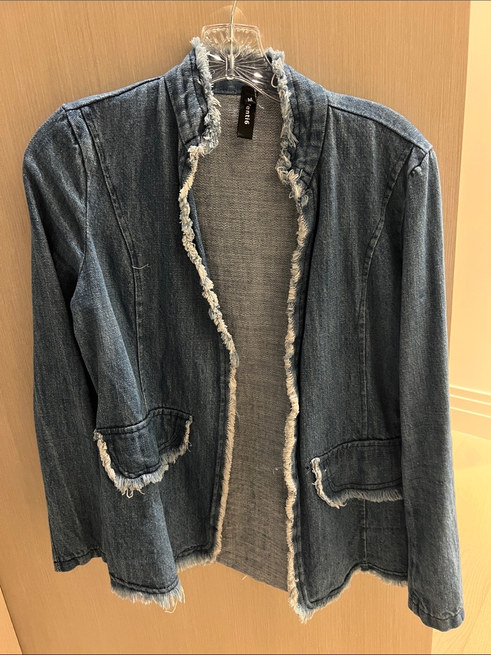 M.niiFrn Women's Dark Blue Frayed-Edge Denim Jacket